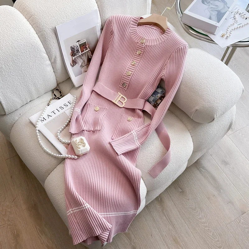 Autumn Winter Women Knitted Dress Fashion O-neck Buttons Bodycon Sweater Dress with Belt Lady Office Dress 241108