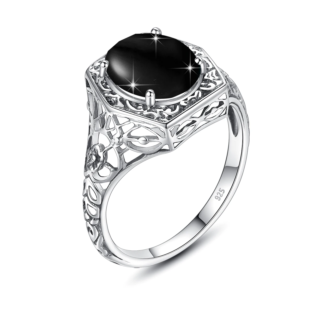 Szjinao Vintage Oval 8*12mm Black Onyx Ring For Women Silver 925 With Stone Large Cocktail Rings Delicate Gift For Wife Lovers'