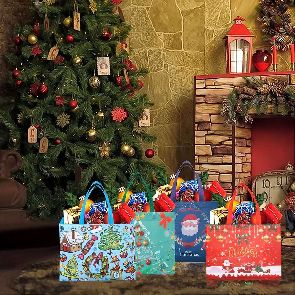 Christmas 8pcs Christmas Gift with Handles Durable Non-Woven Tote Bags Holiday Presents, Reusable Stain-Resistant, Perfect for Gifts, Candy, Party Fav