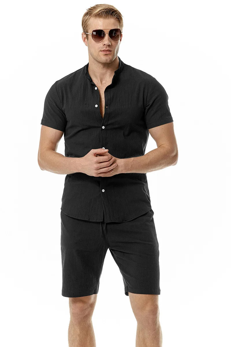 Summer Mens Set Cotton Linen Henry Neck Beach Casual Solid Short Sleeve Shorts 240409