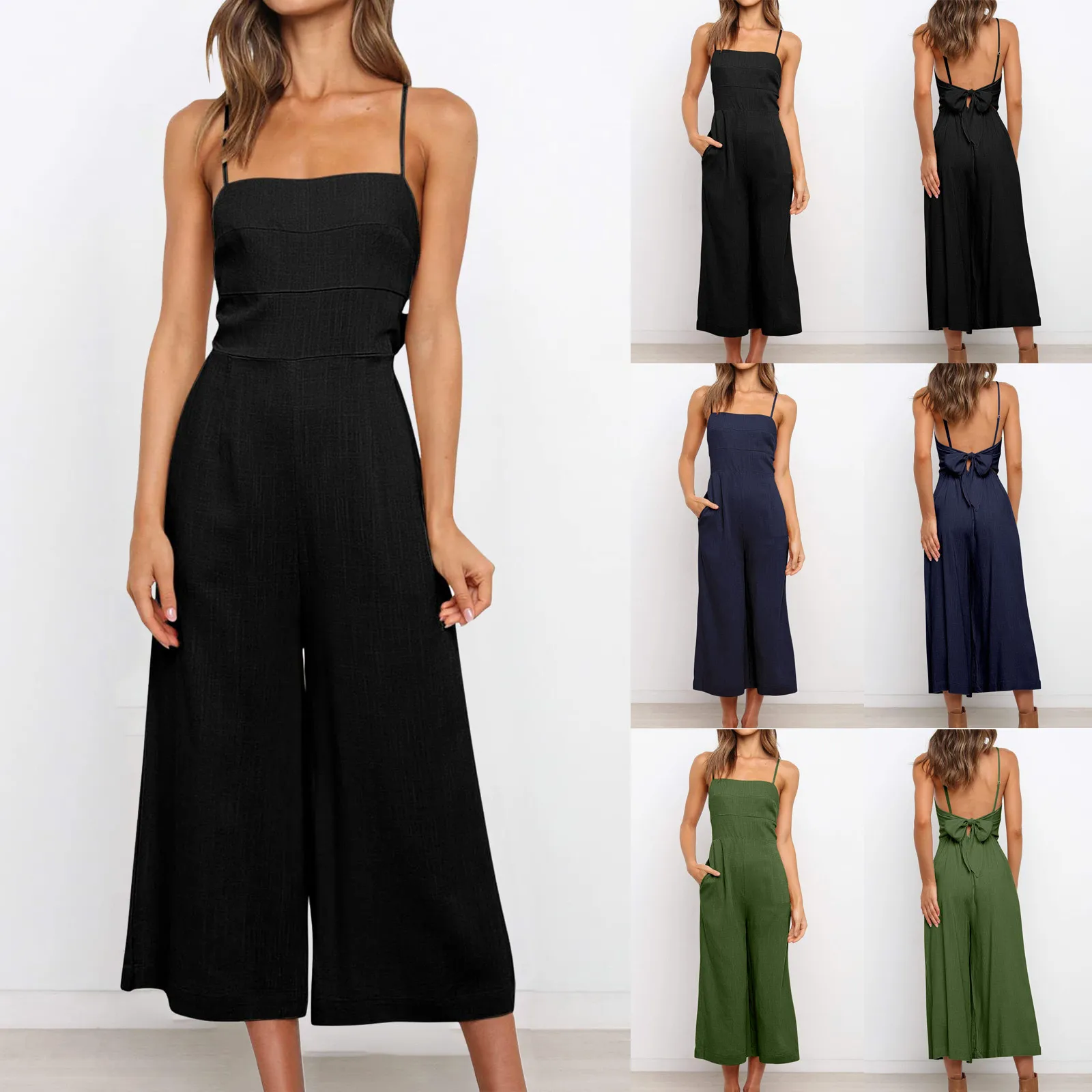 Summer 2024 Elegant Rompers Sexy Soild Backles Sling Top Jumpsuits Women Strap Wide Leg Playsuits Casual V-neck Overall Bodysuit smile