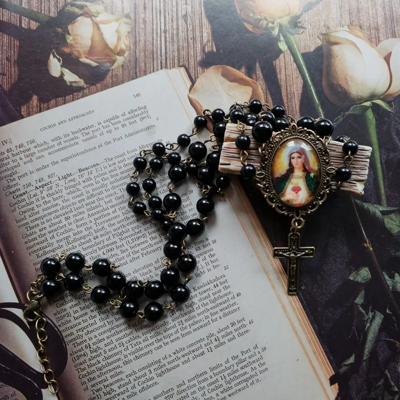 Acrylic QIGO Pearl Black Tassel Cross Virgin Chokers Necklace For Women Religious Jewelry smile