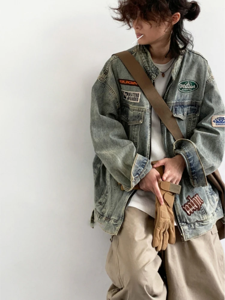 Retro Set Hop Hip Men Women High Street Embroidered Denim Jackets+Autumn Wide-leg Loose Cargo Pants Distressed Casual Two-piece smile Jackets+Autumn