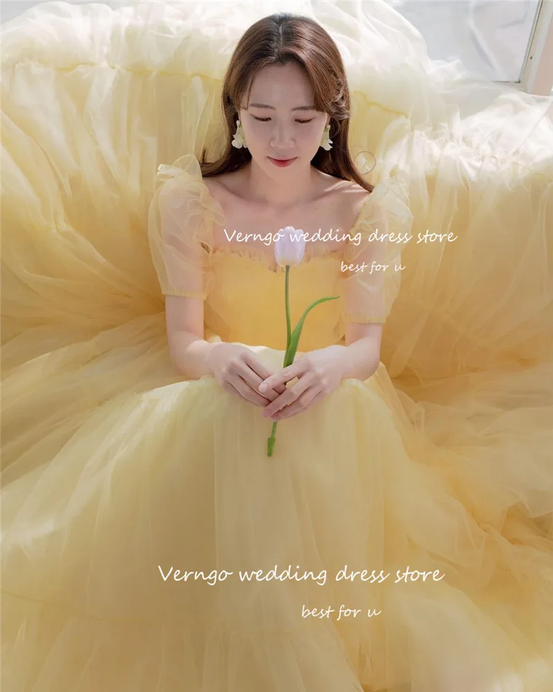 Fairy Tulle 2023 Verngo Blush Pink Tulle Prom Dresses Korea Lady Short Sleeves Floor Length Simple Evening Gowns Party Dress smile