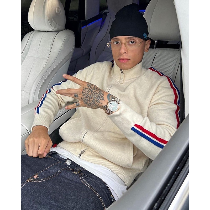 Men's short jacket, hip-hop embroidered letter stand up collar zipper cardigan, knitted sweater jacket