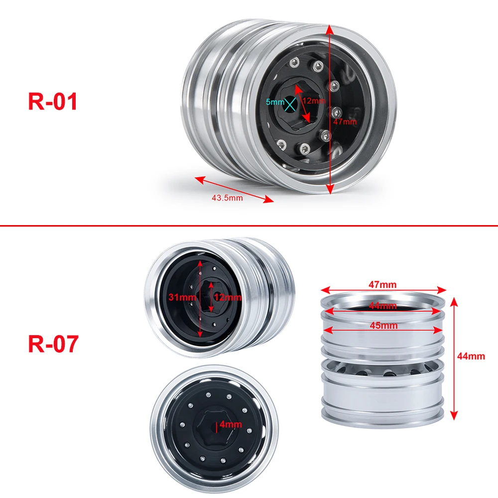TRINOOD 6PCS Metal Front and Rear Wheel Hub Rim Set 6x6 for 1/14 Tamiya Truck RC Trailer Tractor Car Upgrade Parts
