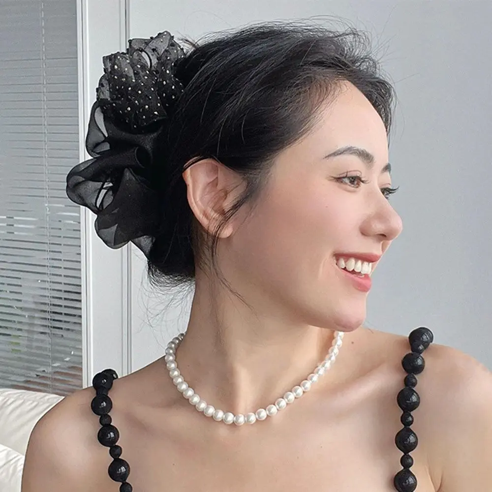 Double-sided Elegant Dots Black Mesh Bow Hair Claw Clips Large Crab Clip Barrettes Shark Clip Hair Accessories for Women smile