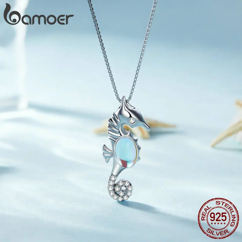 Sier Sterling Bamoer Platinum Plated Monestone Seahorse Pendant Necklace Pave Setting CZ ddmysmile For Women Valentine's Day Gift Smile