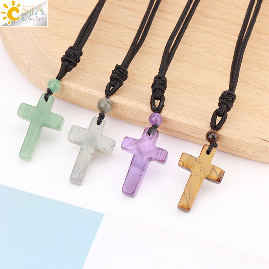 Stone CSJA Cross Natural Pendant Necklace for Man Healing Tiger Eye Amethysts Crystal Necklaces for Women Jewelry Gift H254 smile