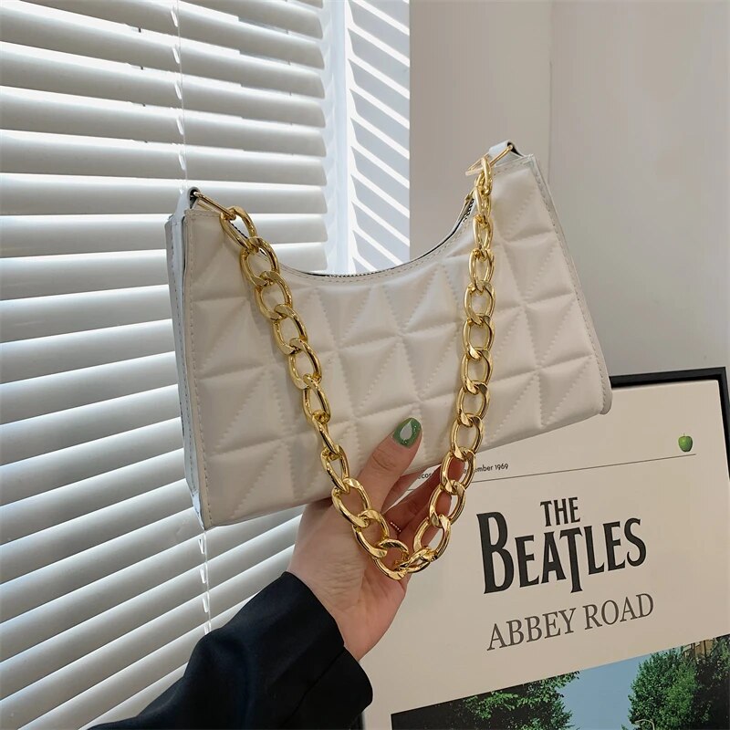 100% Polyurethane Solid Color Stitching Underarm Bag Chain One-shoulder WOMEN'S Bag