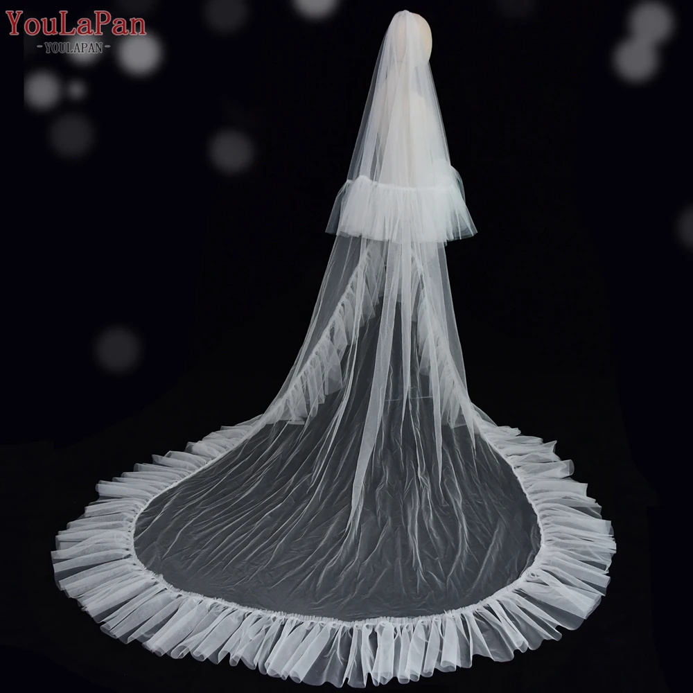Bridal Veils V117 YouLaPan with Blusher Long Cathedral Wedding Veil Two Layers Lotus Leaf Pleated Edge Super Soft Wedding smile