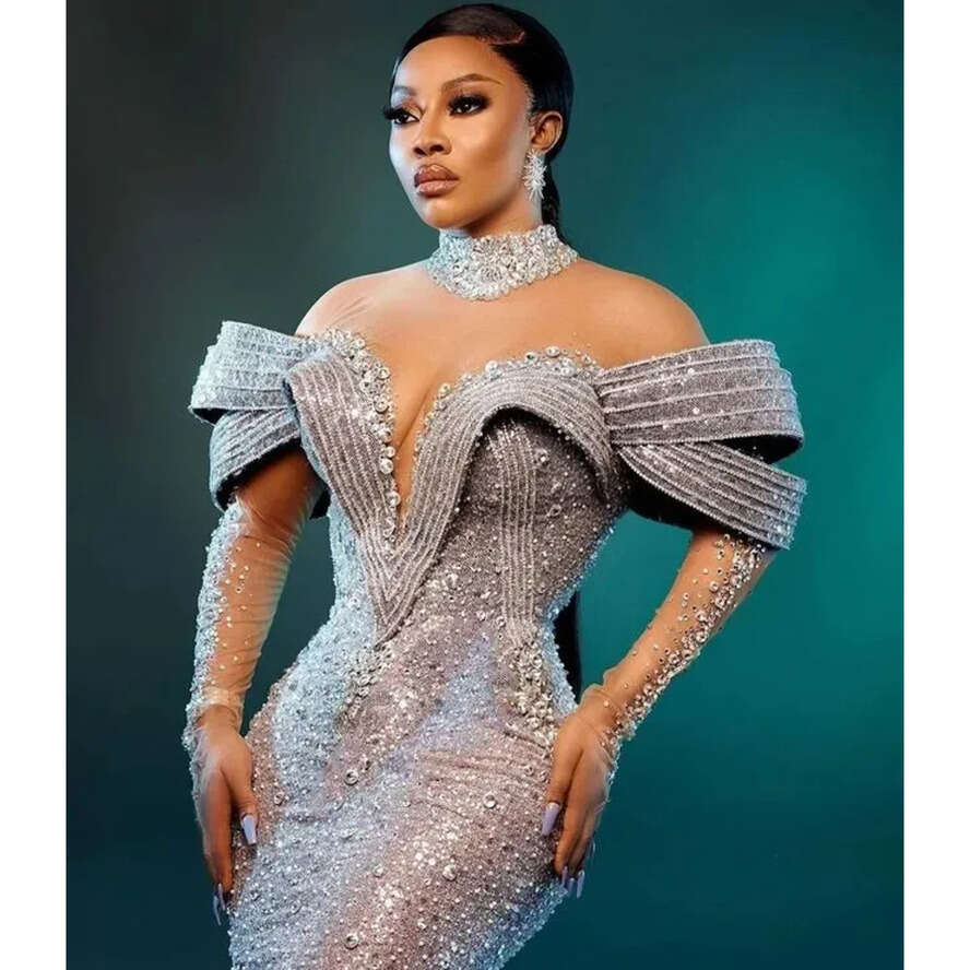 Aso Oct Ebi Arabic Sier Mermaid Prom Dress Beaded Crystals Evening Formal Party Second Reception Birthday Engagement Gowns Dresses Robe De Soiree