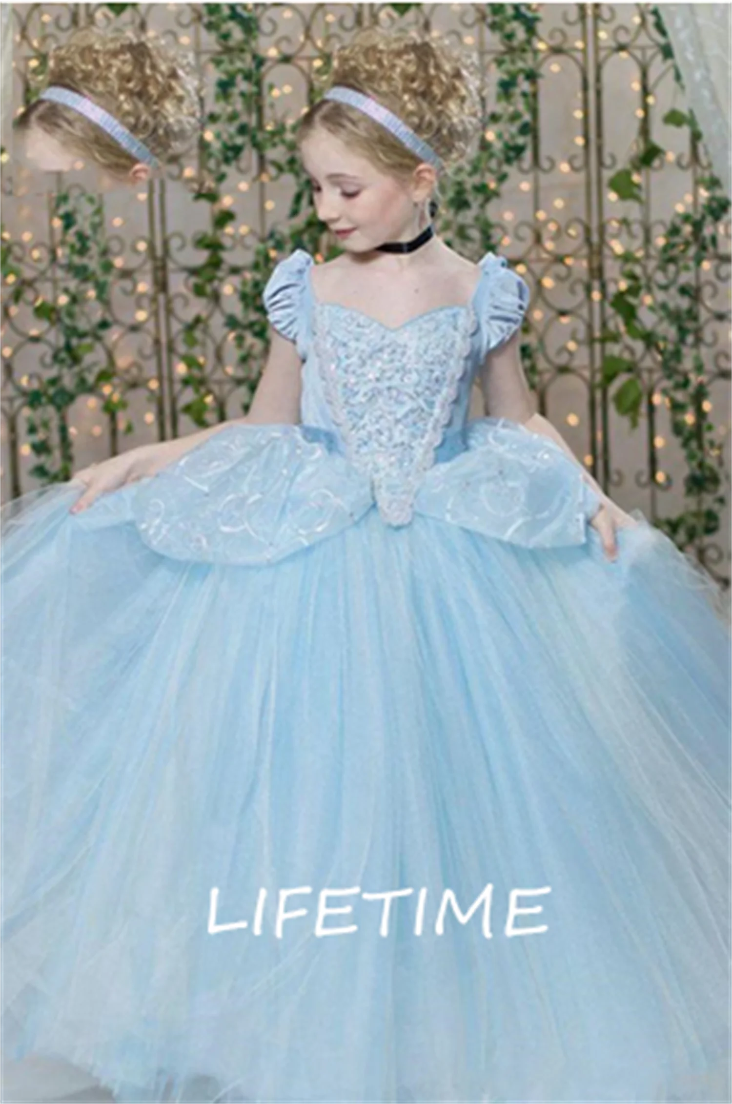 Pageant Dresses For Cinderella Teens Short Cap Sleeve Pleats Sequins Sky Blue Kids Ball Gown Girl Birthday Prom Dress smile