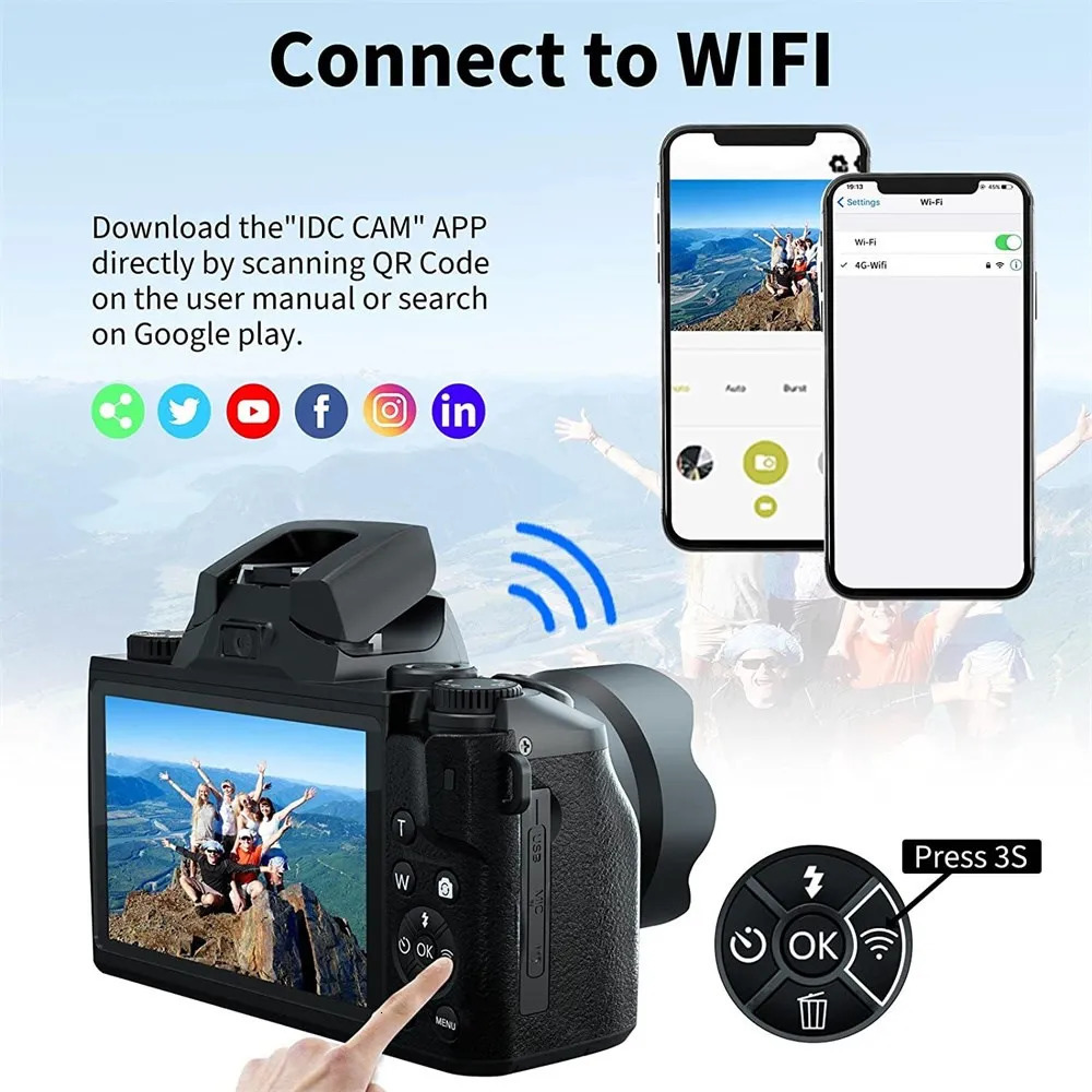 Auto Focus 64MP Digital Camera SLR DSLR For Pography 4K 60FPS Vlog Camcorder 40 Inch Touch Screen Livestream Webcam 240407