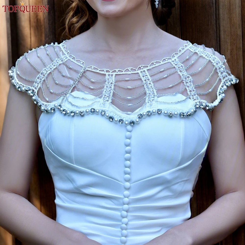 Bridal Wedding TOPQUEEN Wraps Jacket Sexy Pearls Crystal Cutout Design Body Chain For Women Bridal Cape Cloak Jacket SG21 smile