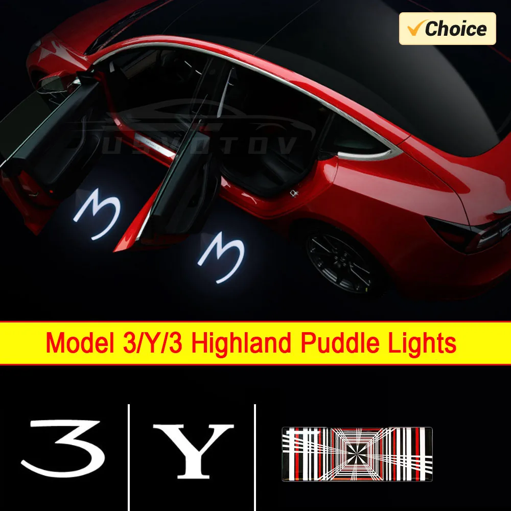 2pcs Puddle Lights for Tesla Model Y 3 Highland Accessories 2024 2023 2022 Door Welcome LED Bulb Projecter Car Logo Plaid Emblem