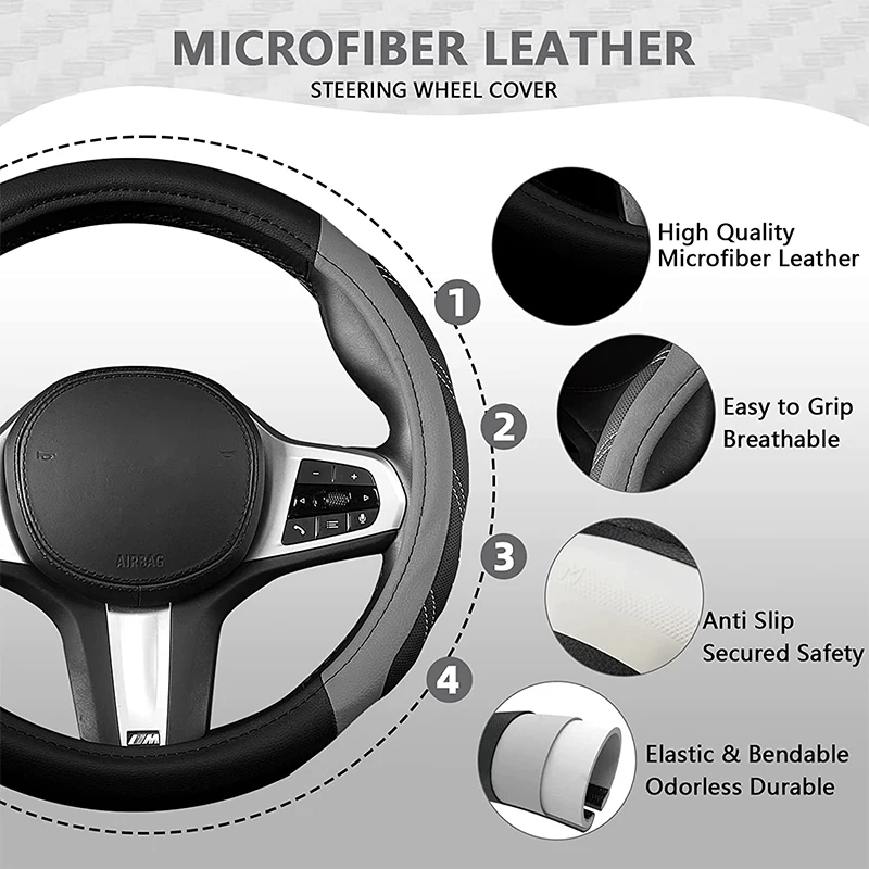 2025 Microfiber Leather Steering Wheel Cover 15inch Universal Fit for Car, Truck, new SUV, Van,Durable Anti-Slip Car Steering Wheel Cover
