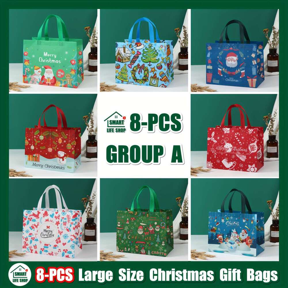 Christmas 8pcs Christmas - Reusable, Waterproof, Reinforced Handle Tote Bags for Grocery Shopping and Gift Giving