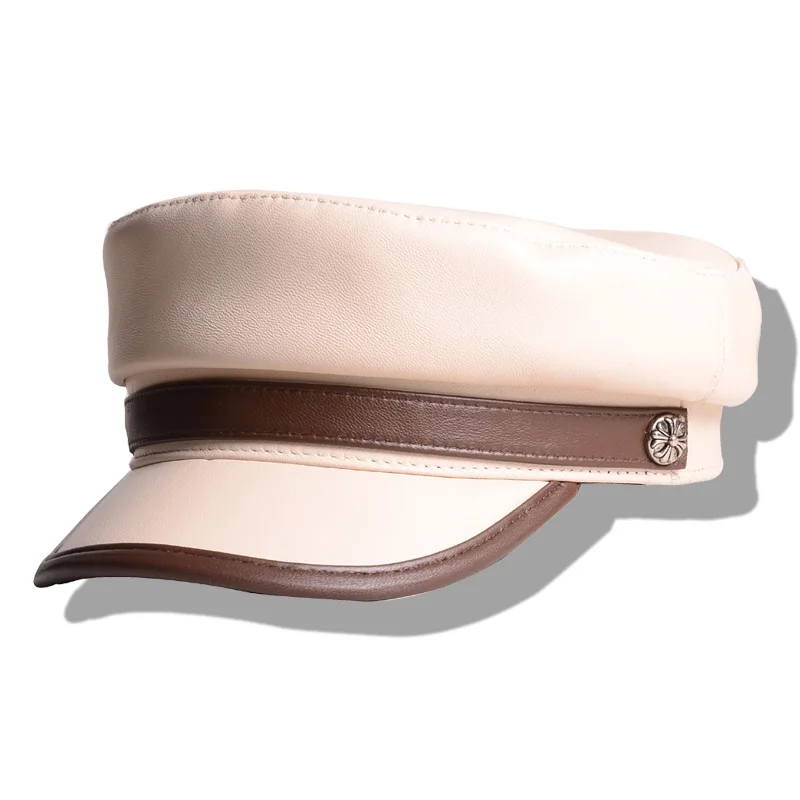 Cap Real Women's Leather Ladies Genuine Leather Beige Military Casual Newsboy Beret Army Navy Caps/Hats smile