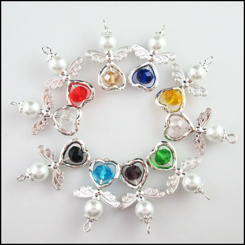 10Pcs Mixed Heart Crystal Angel with Ball Glass Beads Charms Pendants 22x33mm