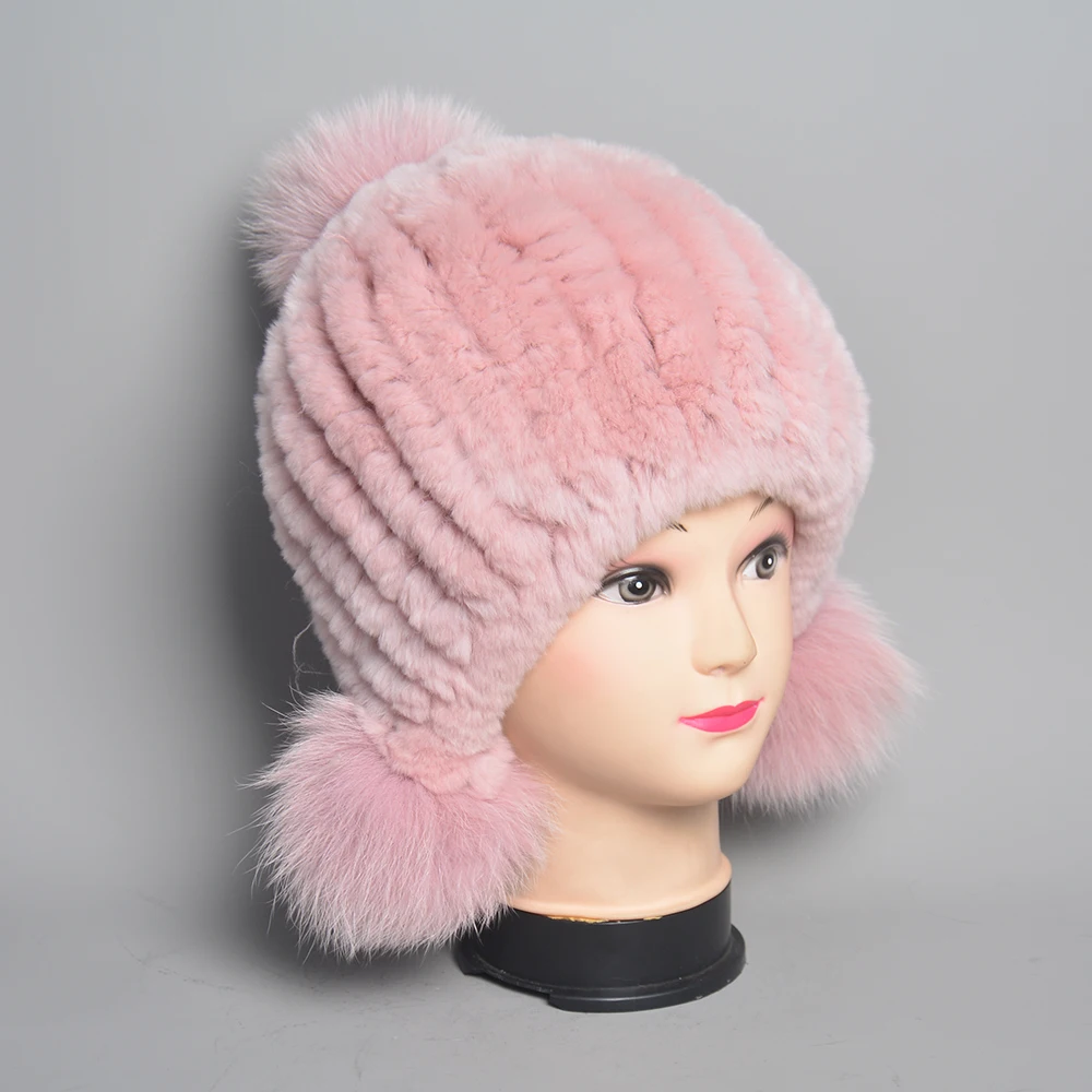 Rabbit Bomber Natural Fur ddmysmile Hats Winter Warm Outdoor Fluffy Earflap Caps Russian Boys And Girls Children Smile