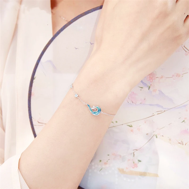 Sterling Sier WYEAIIR Blue Drip Glaze Enamel Wave Spray Fine Jewelry Female Resizable Bracelet smile