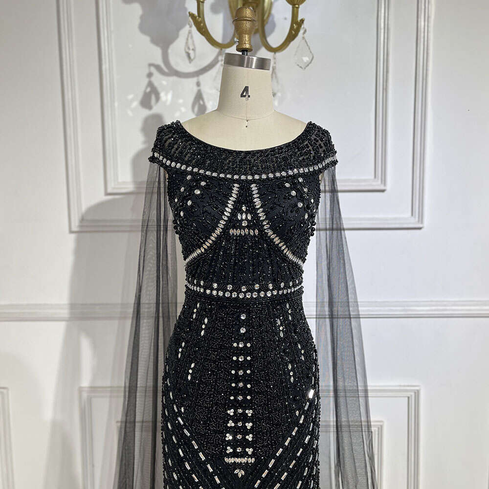 Arabic Serene Hill Black Mermaid Gown With Cape Sleeves And Beaded Evening Dresses For Party LA Customized