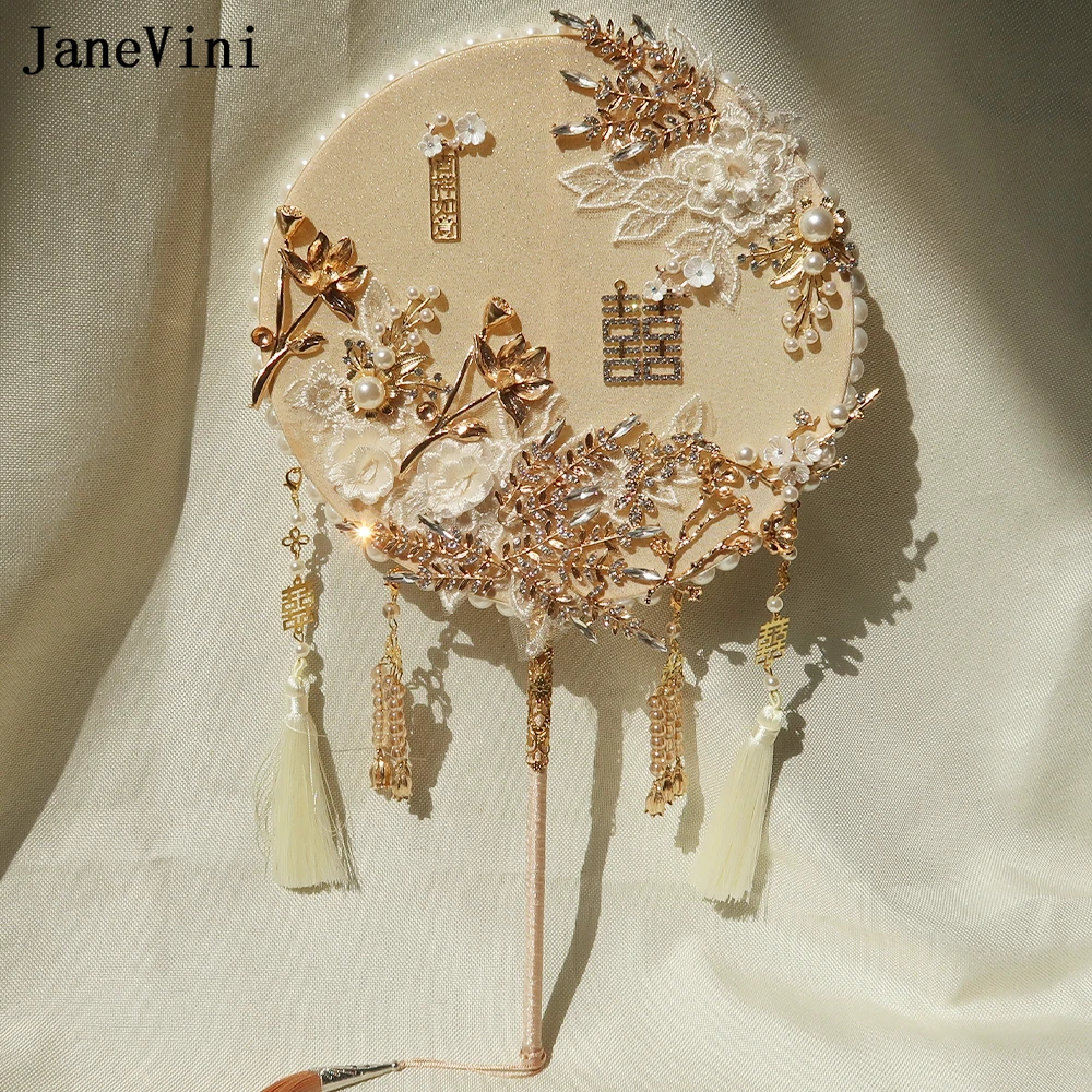ddmysmile Gold Pearls Janevini Beaded Wedding Fan Lace Flowers Chinese Bridal Hand Fan Ancient Tassel Bride Bouquet De Mariage Smile