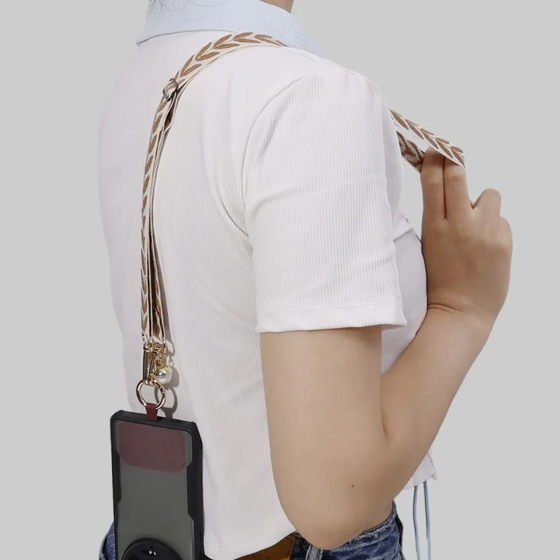 Long Adjustable Crossbody Mobile Phone Lanyard Wide Cloth Neckband Strap Hanging Pearl Anti-Lost Shoulder Phone Chain with Clip