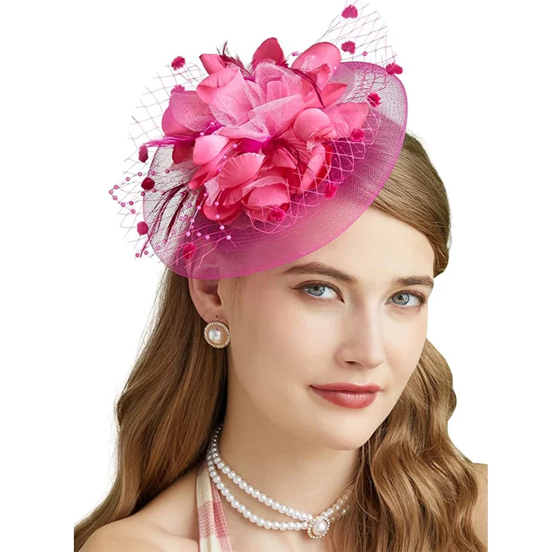 Fascinators Lady Hats Fancy for Womens 50s Mesh Headwear with Veil Flower tail Wedding Tea Party Church Derby Hat smile