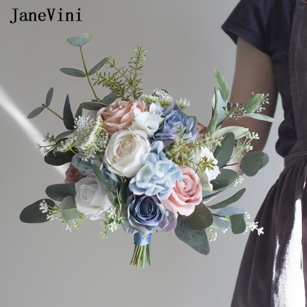Wedding Janevini 2023 Romantic Bouquet Accessories For Bride Pink Blue Artificial Hand Holding Flowers ddmysmile Bouquets Ramo Para Novia Smile