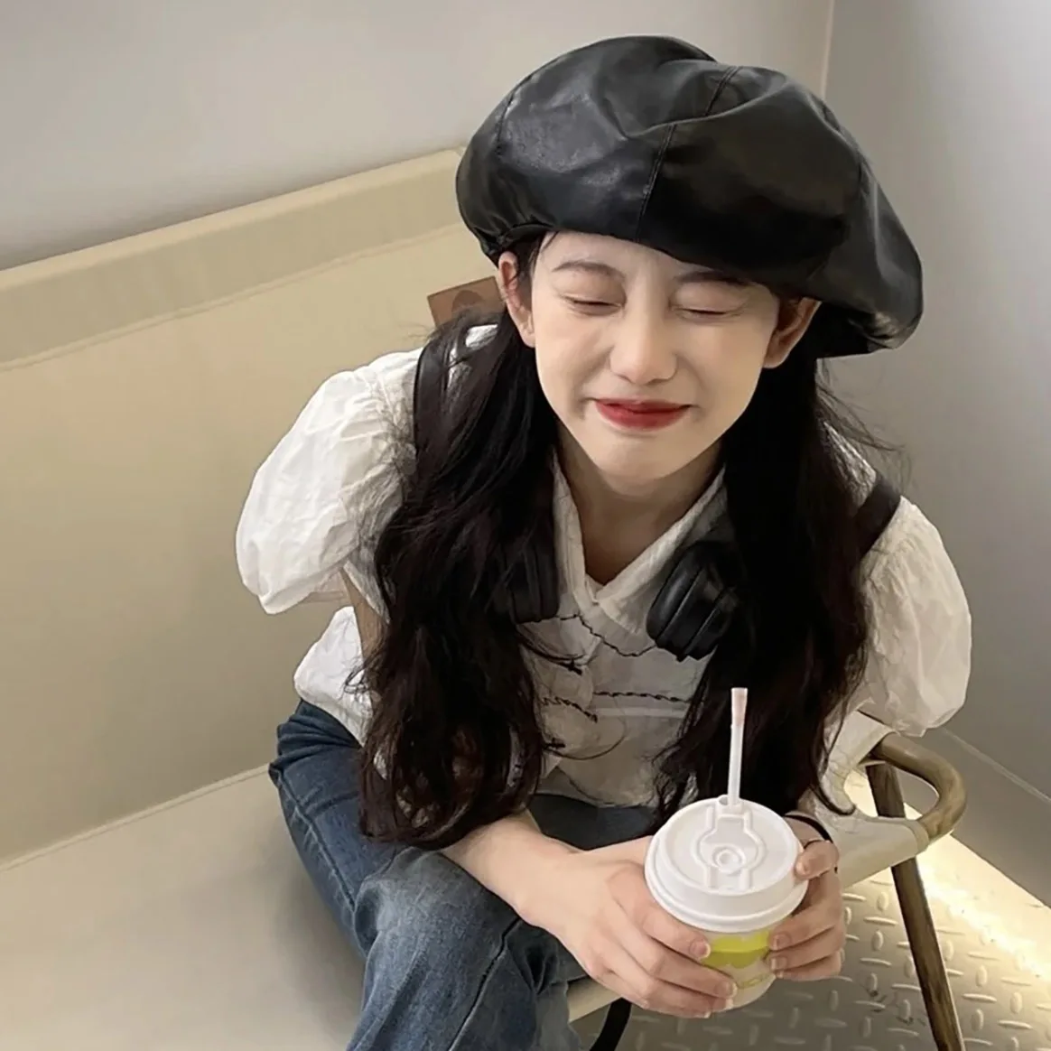 Winter Autumn Hats Y2K Women Berets Solid color PU Leather Big Size Beret Hat Black Brown Beige Berets smile