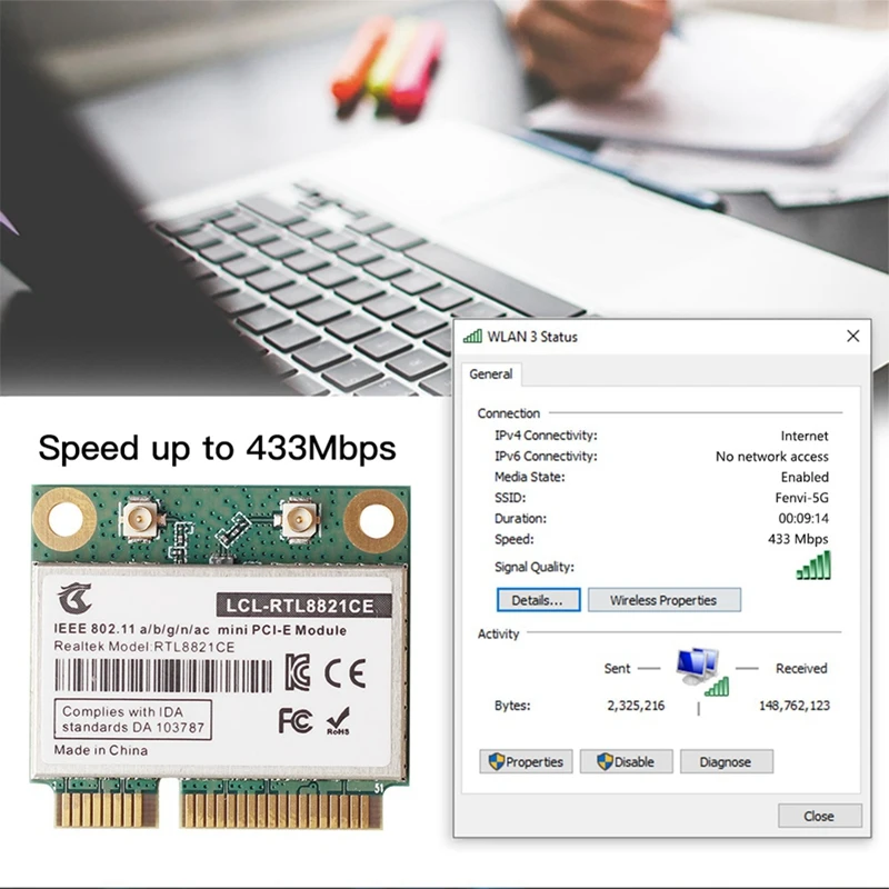AU42 -RTL8821CE 802.11AC For Bluetooth 4.2 433Mbps 2.4Ghz/5Ghz Dual Band Mini Pcie Wifi CARD RTL8821 Support Laptop/PC