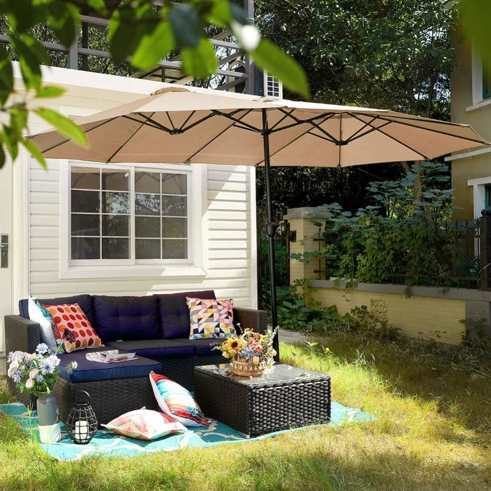 15ft Large Patio Umbrellas with Base Included Outdoor Double-Sided Rectangle Market Umbrella with Crank Handle for Poolside