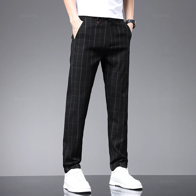 High-Quality Summer Spring Classics Plaid Work Stretch Pants Men Business Fashion Grey Green Party Retro Casual Trousers Male smile