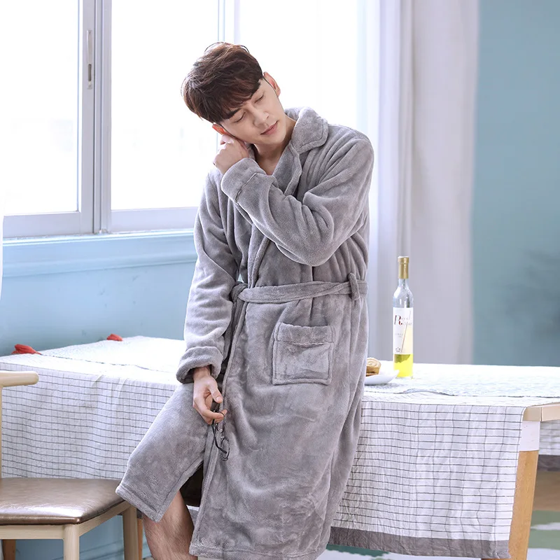 Flannel Kimono Robe Gown Lapel Men Sleepwear With Belt Winter Warm Lingerie Oversized Nightwear Long Sleeve Home Dressing Gown