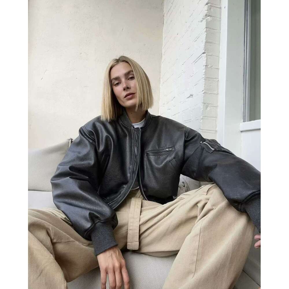 shanshi leather jacket women American Zipper Jacket for Women 2024 Winter New Collection with Cotton Warmth, Loose Long Sleeve PU Leather Coat, Trendy