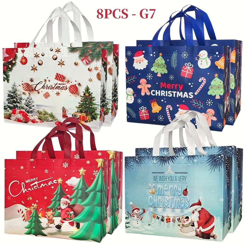 Christmas Set of 8 Christmas Reusable Shopping Totes Non-Woven Shatterproof Rectangle Gift Bags with Handles for Wrapping
