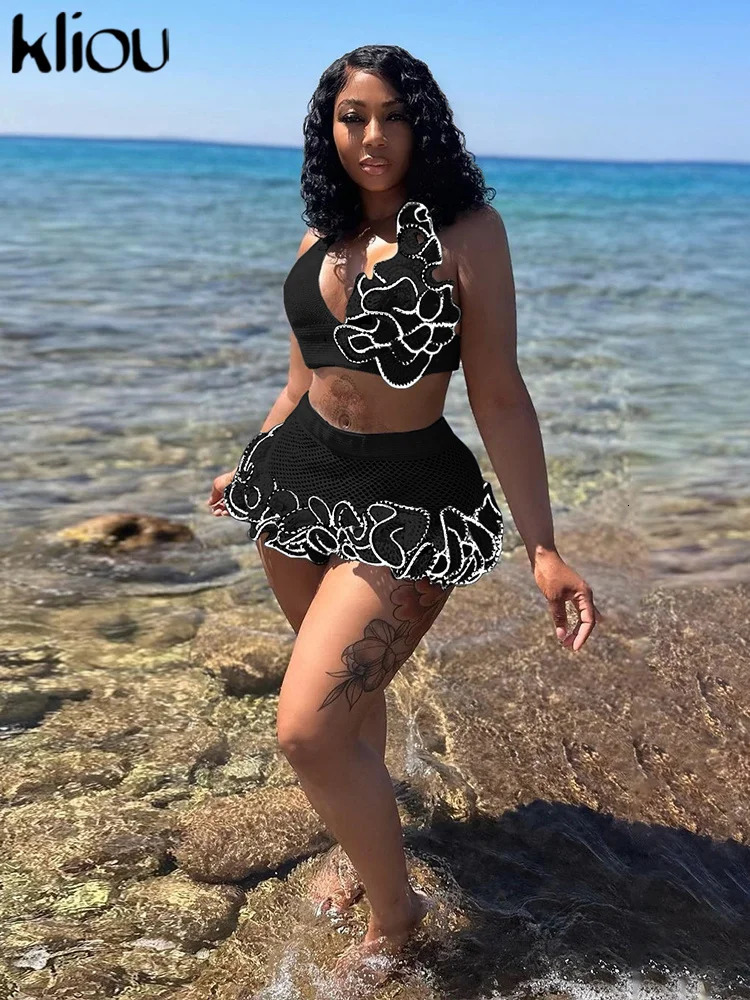 kliou Summer Women Mini Sexy Knitted Two Piece Set W23S36170 Girl Halter TanksHollow Out Hip Skirt Outfit Beach Club Attire 240401