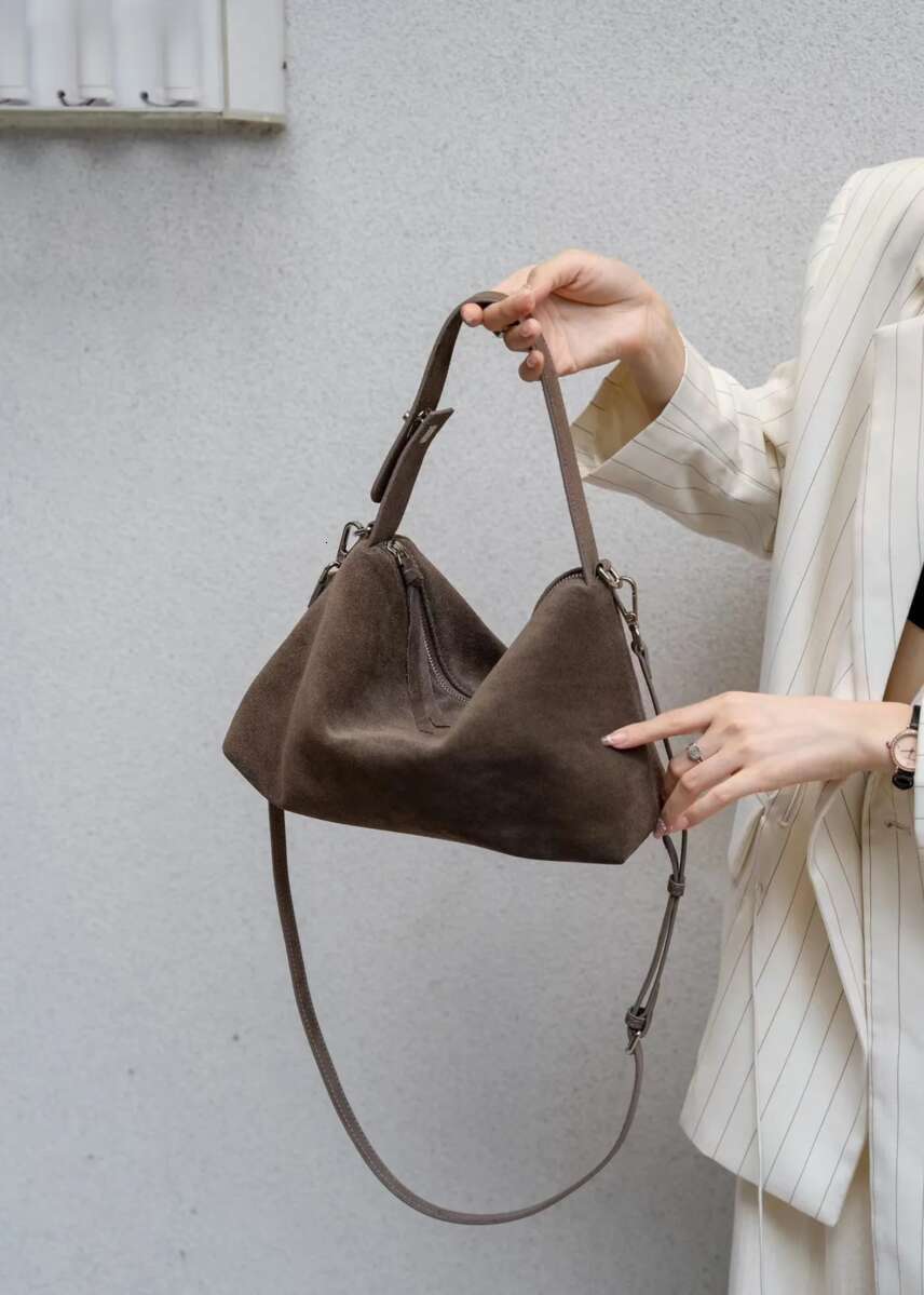 Fashion Autumn Winter Big Boston Tote Soft Matte Suede Cow Leather Women's Handbag Shoulder Crossbody Bag For Women Grey Brown Zipper Style BagVo
