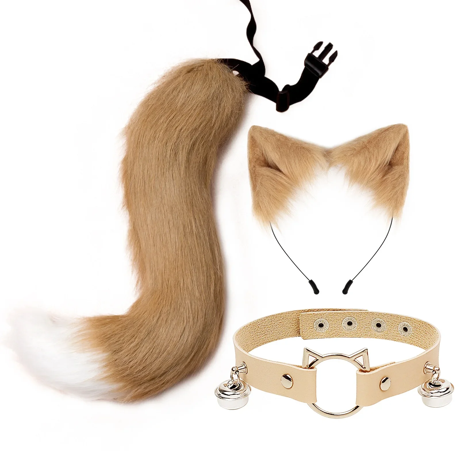 Handmade Furry Cat Kawaii Ears and Tail Set Wolf Fox Hair Clip Faux Fur Leather Neck Choker Halloween Party Cosplay Set Gift Bag smile