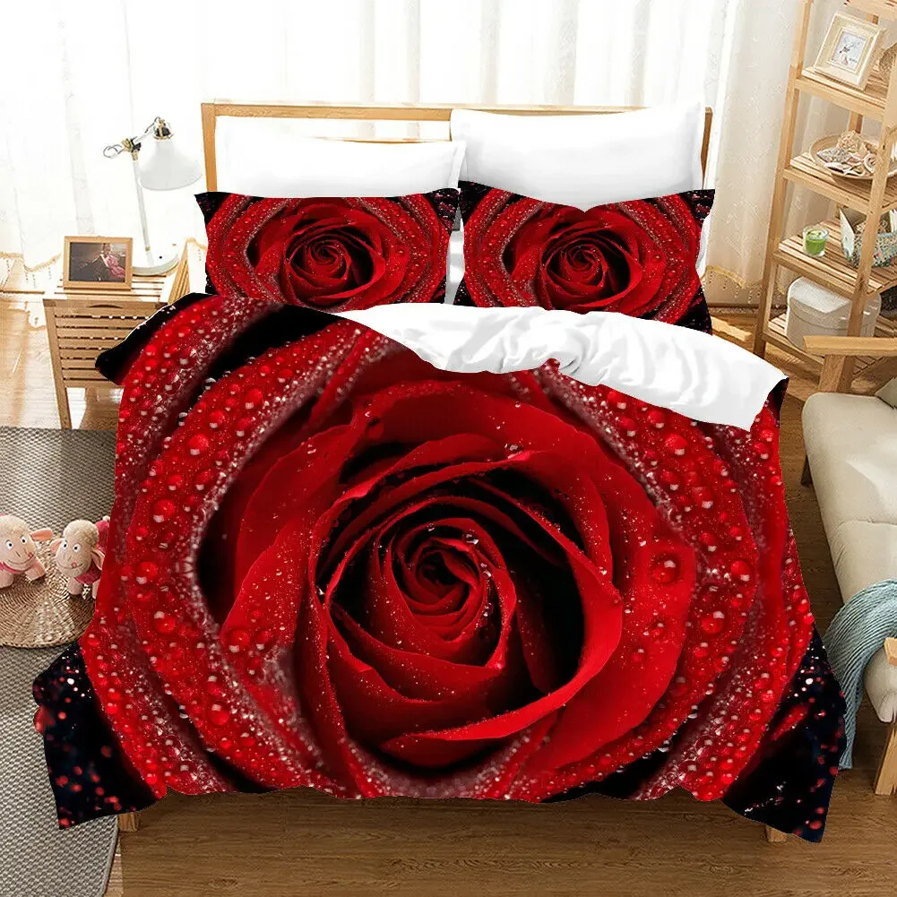 Duvet Cover Rose Red Set Flower 3D Passionate Rose Romantic Bedding Set for Woman Double Queen King Size Polyester Quilt Cover smile