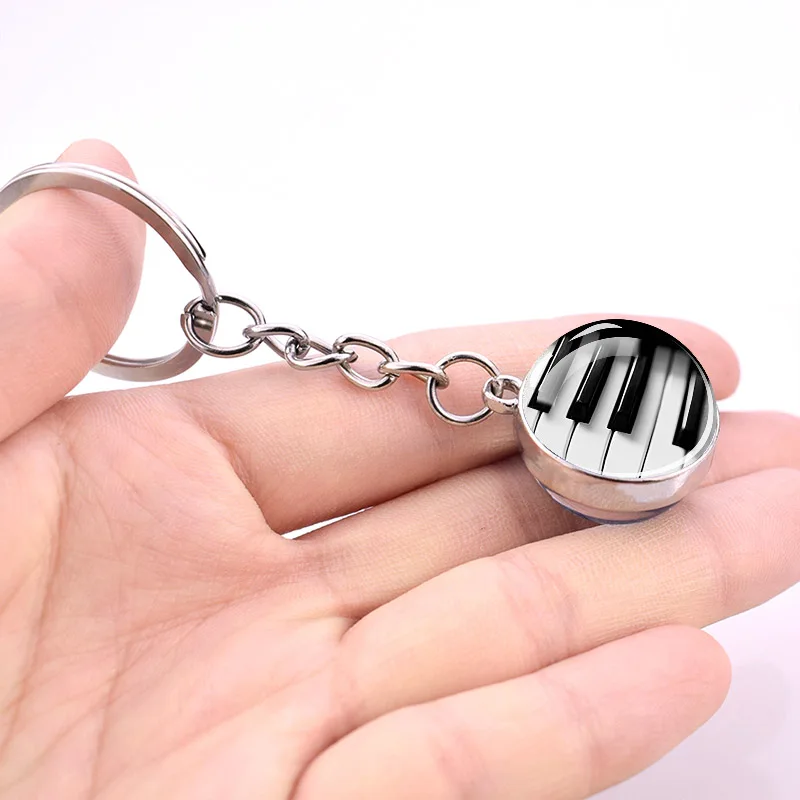 Music Musical Instrument Keychains Note Piano Guitar Clarinet Flute Key Chains Double Side Glass Ball Pendant ddmysmile Keyring Art Gift Smile