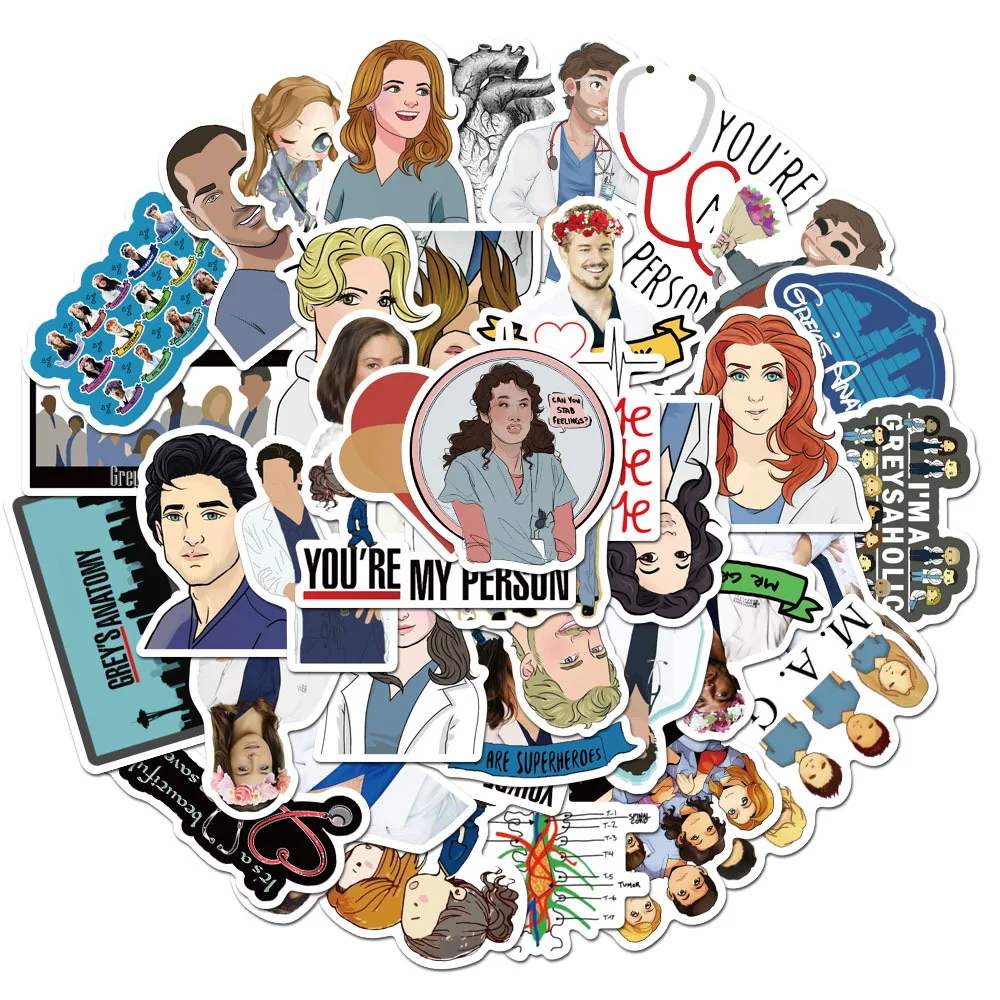 10/50PCS TV Show Greys Anatomy Funny PVC Scrapbooking For Luggage Laptop Phone Decals DIY Album Cute Doctors Stickers