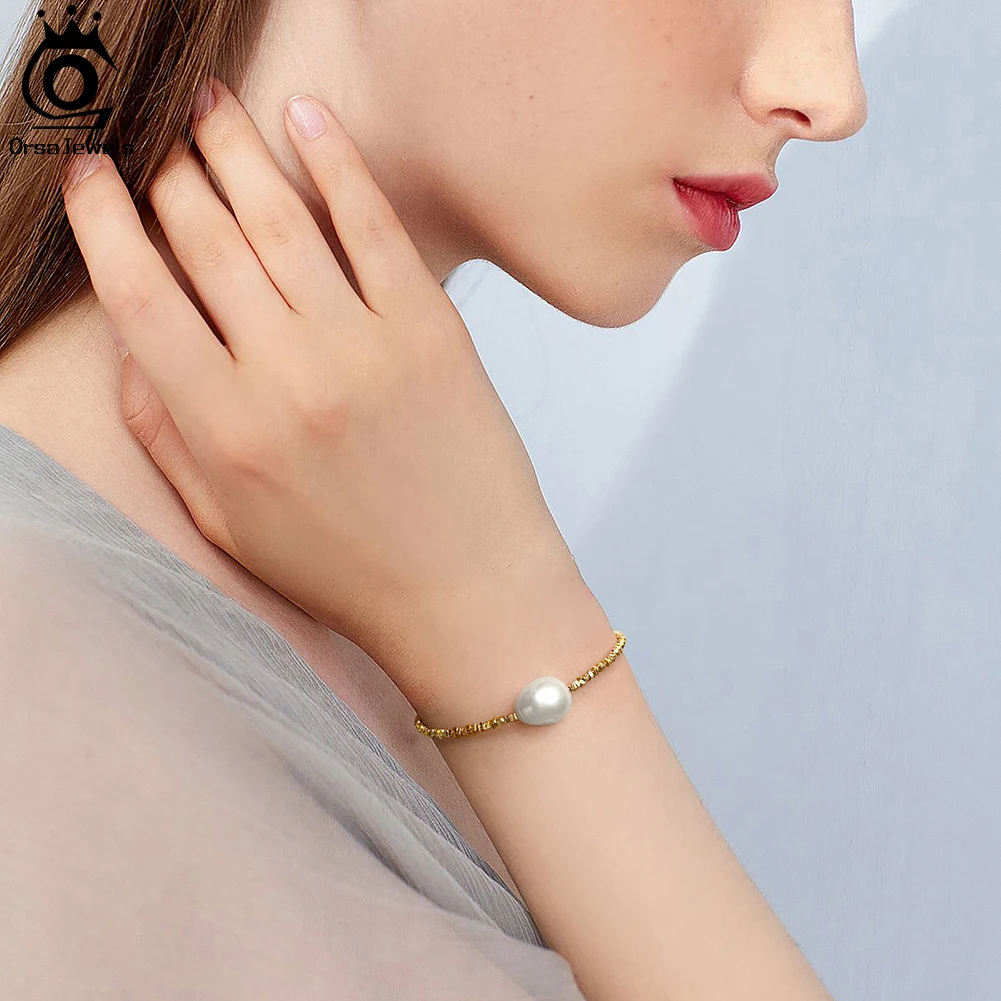 14K Gold JEWELS ORSA Sterling Sier Net Chain Necklace with Exquisite 11mm Freshwater Pearl for Women Jewelry GPN36 smile