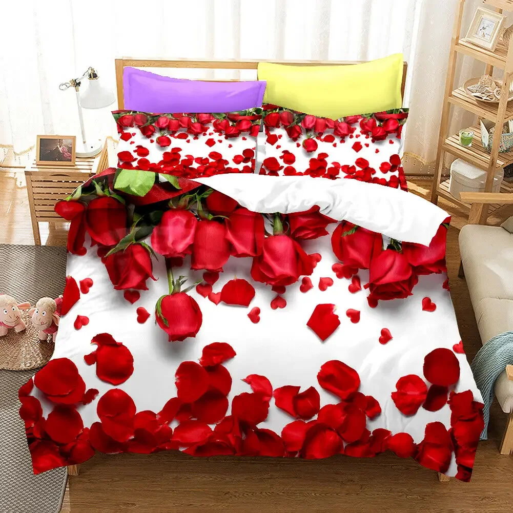Duvet Cover Rose Red Set Flower 3D Passionate Rose Romantic Bedding Set for Woman Double Queen King Size Polyester Quilt Cover smile