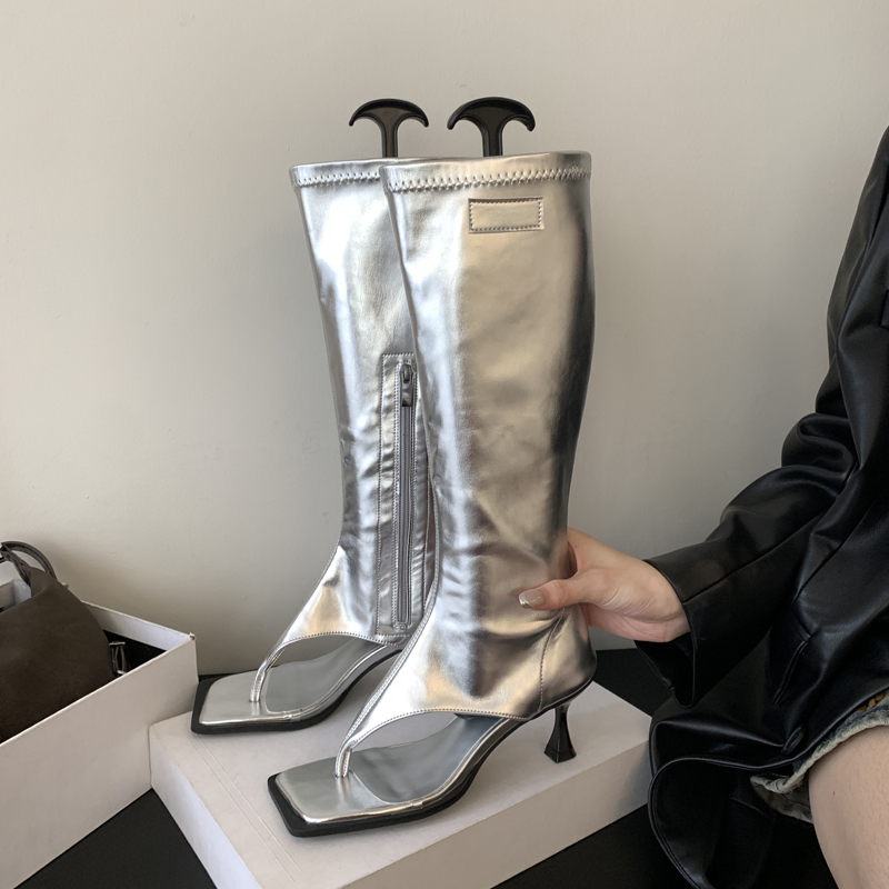 Eilyken Silver Open Toe Clip-On Knee High Boots Women Modern Booties Thin Low Heels Side Zipper Spring Party Pumps Sandals Shoe