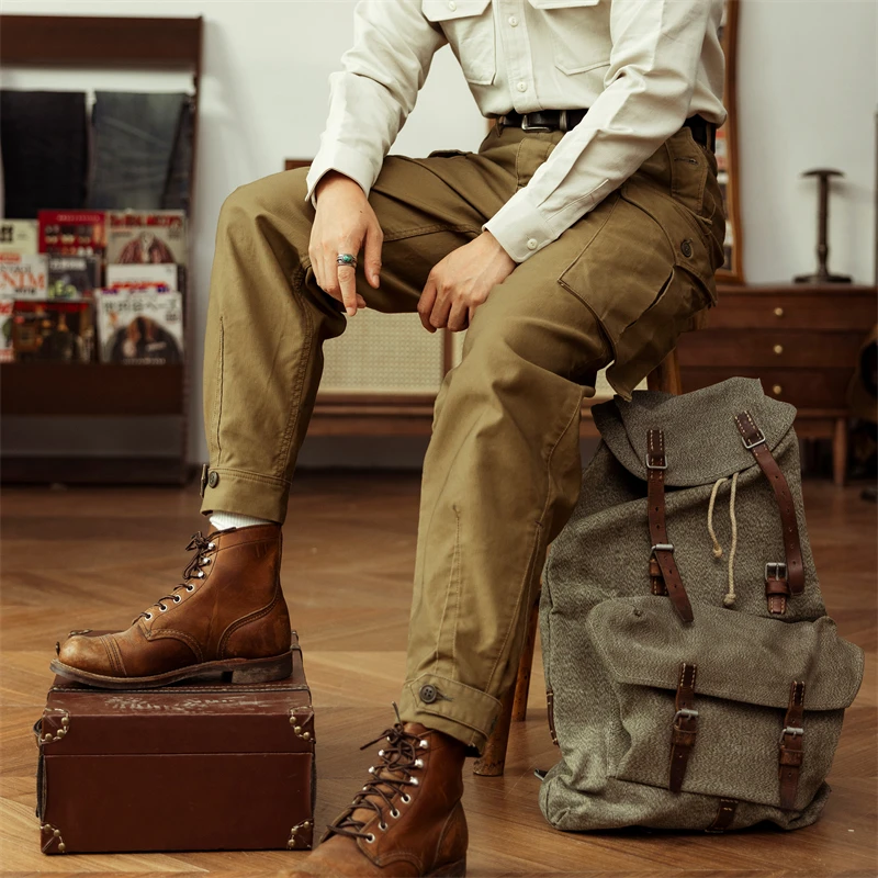 Red Tornado Ground Crew Trousers 1930s Style Mens Tapered Cargo Pants Dark Khaki