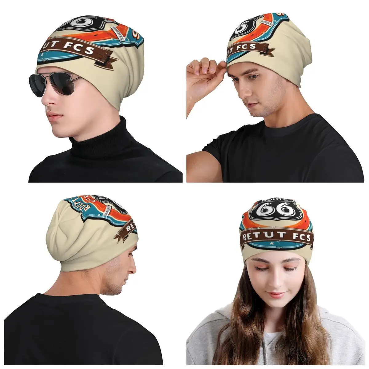 Ride The Route 66 Bonnet Hat Knitting Hats Men Women Cool Unisex Biker Motorcycle Cruise America Highway Winter Warm Beanies Cap