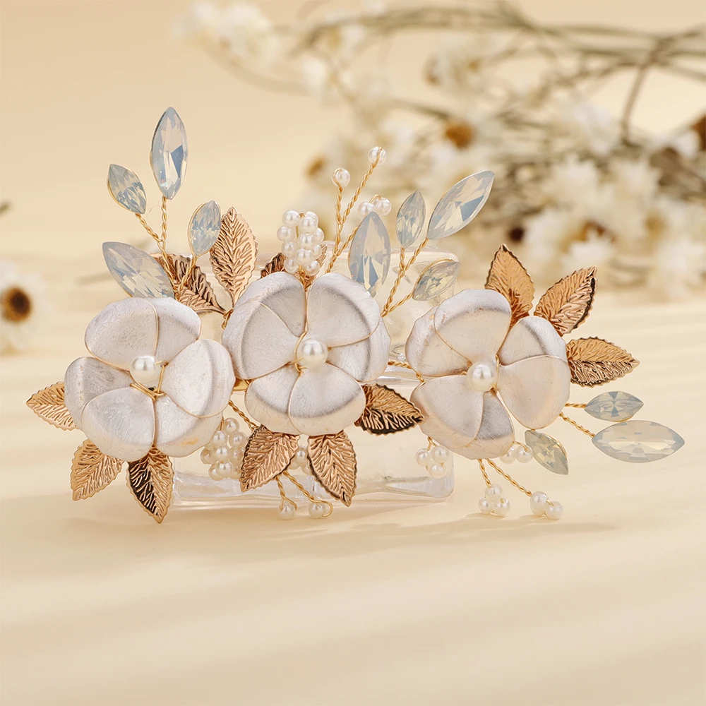Flower Rhinestone Bridal Gold Hair Comb Pearl Leaves Women Wedding Head Jewelry Accessories Sier ddmysmile Handmade Headpiece For Bride Smile